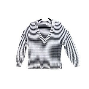 GAP Sweater Womens Sz XL V-Neck White Navy Blue Striped Linen Blend Relaxed Fit